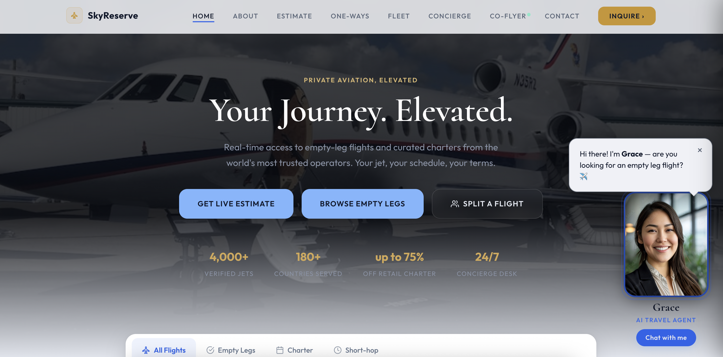 SkyReserve private aviation website homepage